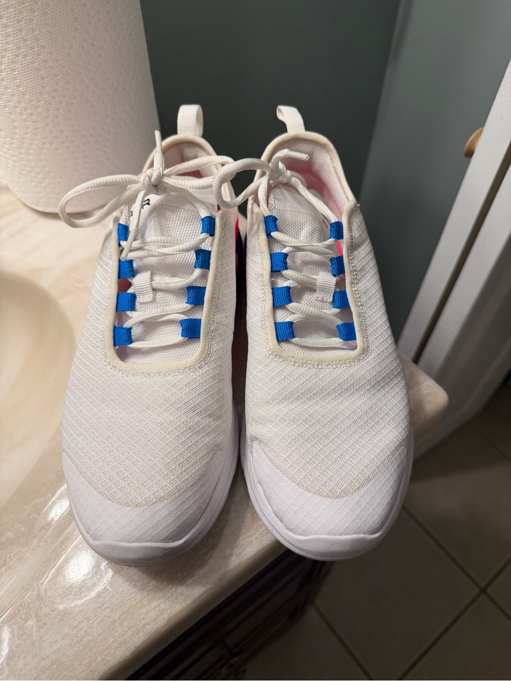 Nike Women's White Knit Sneakers with Blue Lace Loops
